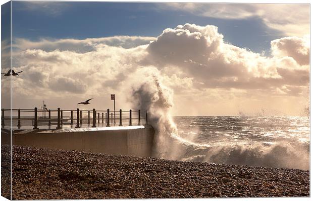 Storm Waves Splashing Over Harbour Arm, Old Town,  Canvas Print by Christine Kerioak