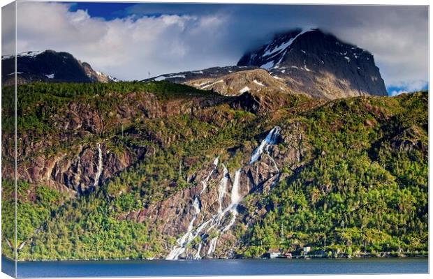 Nordfjord Waterfalls and Mountains, Norway Canvas Print by Martyn Arnold