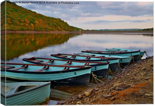  Rowing boats on the twilight lake Canvas Print by Martyn Arnold