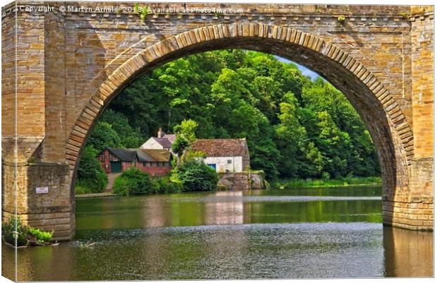 RIver Wear, Prebends Bridge  and Boathouse in Durh Canvas Print by Martyn Arnold