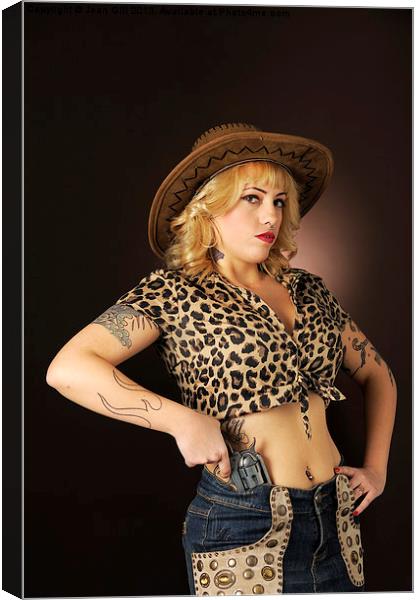 Cowgirl pin-up with gun Canvas Print by Jean Gill