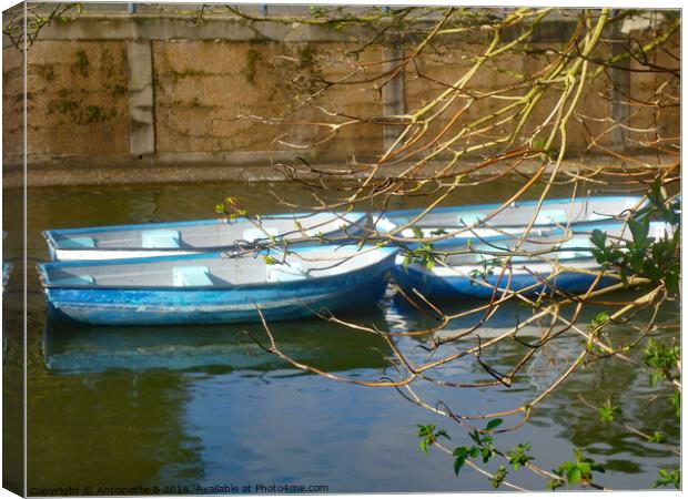 Little blue boats on the canal Canvas Print by Antoinette B