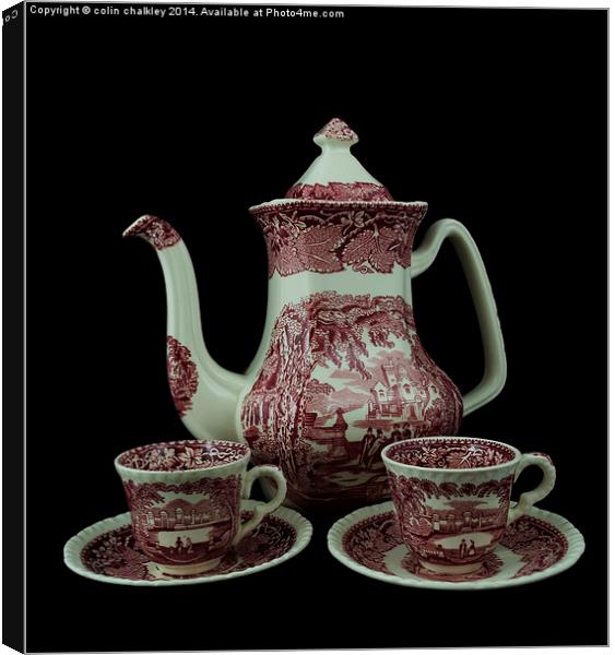 Masons Pink Vista Coffee Pot and Cups Canvas Print by colin chalkley