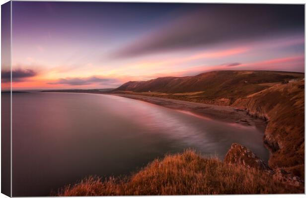 Sunset at Rhossili Bay, South Wales Canvas Print by Leighton Collins