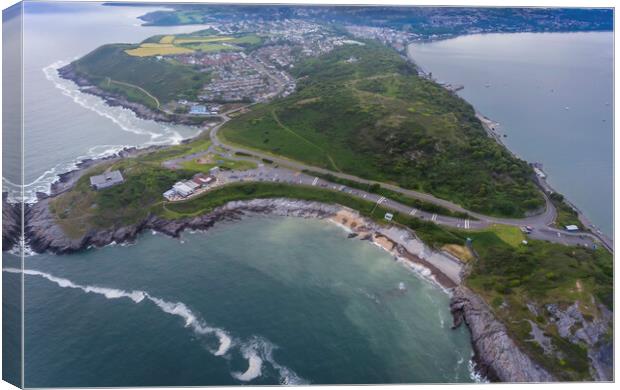 Drone view of Bracelet Bay and Mumbles Hill Canvas Print by Leighton Collins