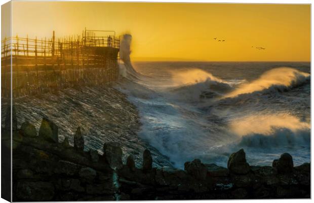 Storm Eunice at Porthcawl lighthouse Canvas Print by Leighton Collins