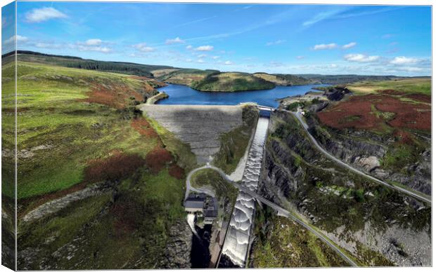 Drone view of the Llyn Brianne dam Canvas Print by Leighton Collins