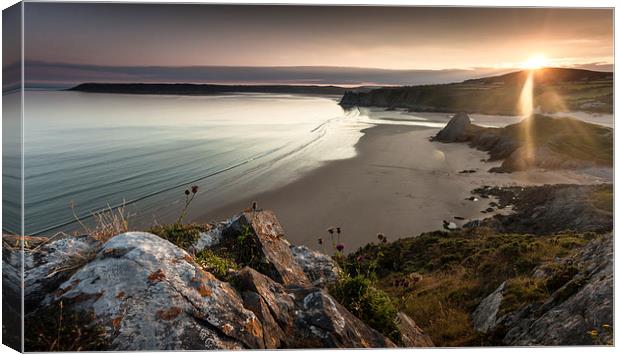  Sunset at Three Cliffs Bay Swansea Canvas Print by Leighton Collins