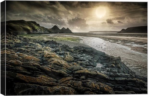  Moody Three Cliffs Bay Gower  Canvas Print by Leighton Collins