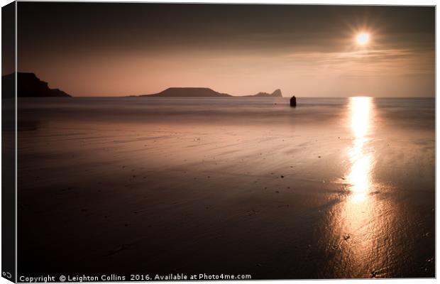 Sunset and wet sand at Worms Head Canvas Print by Leighton Collins