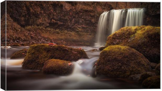 Moss covered rocks at Sgwd yr Eira waterfall Canvas Print by Leighton Collins