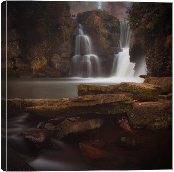 Misty Penllergare falls Swansea Canvas Print by Leighton Collins