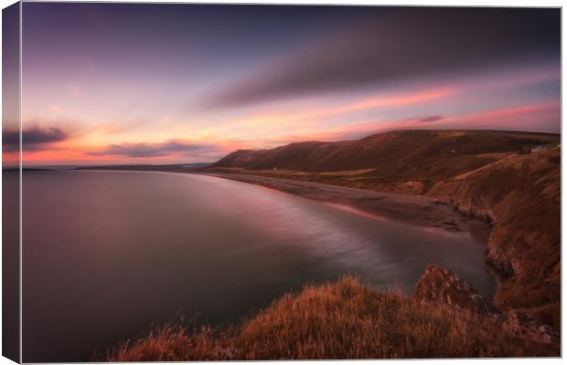 Sunset at Rhossili Bay, South Wales Canvas Print by Leighton Collins