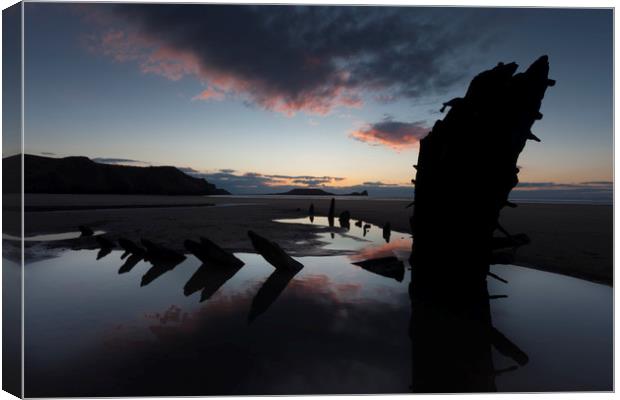 Sunset over the Helvetia at Rhossili Bay Canvas Print by Leighton Collins