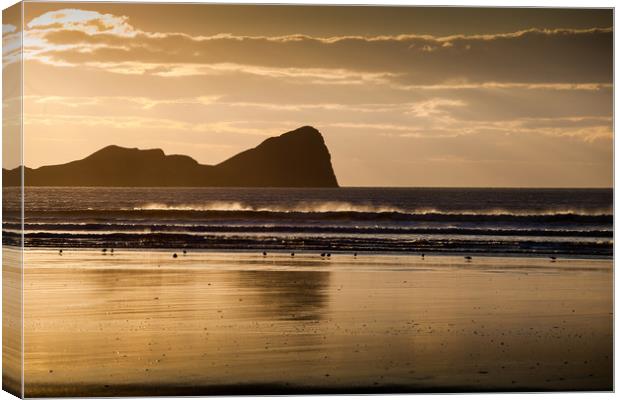 Rhossili beach and Worms Head Canvas Print by Leighton Collins