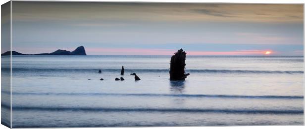 Sunset over the Helvetia on Rhossili Bay, South Wa Canvas Print by Leighton Collins