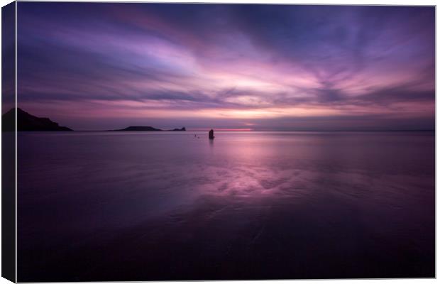 Sunset on Rhossili Bay, South Wales UK Canvas Print by Leighton Collins