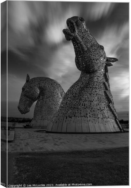 The Kelpies Black and white Canvas Print by Les McLuckie