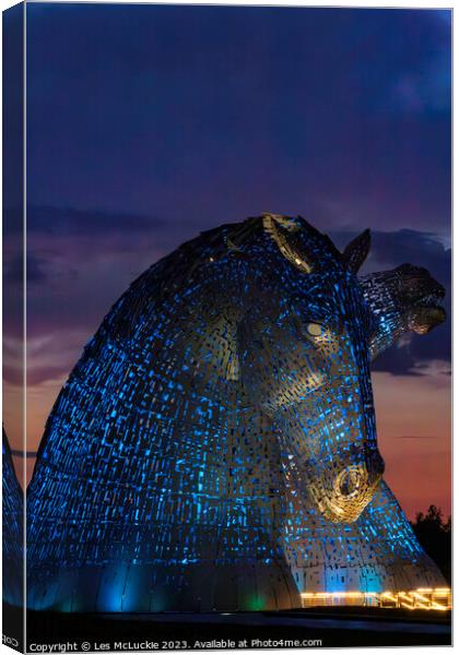 The Kelpies Blue lights Canvas Print by Les McLuckie