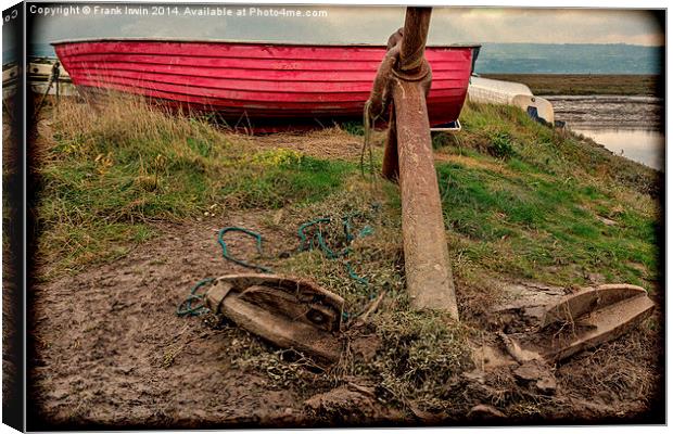  A Colourful red boat lies on Heswall Beach Canvas Print by Frank Irwin
