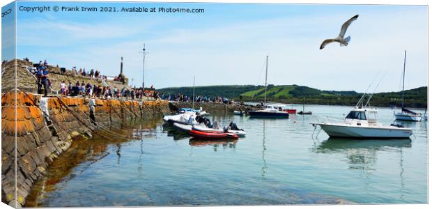 A seagull flies over New Quay Harbour Canvas Print by Frank Irwin