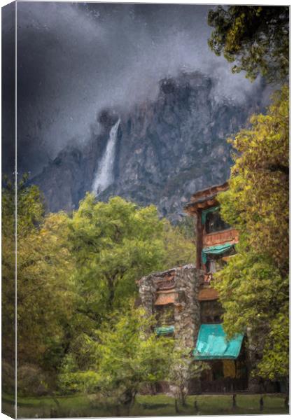 Painted Ahwahnee Hotel with Yosemite Falls Canvas Print by Gareth Burge Photography