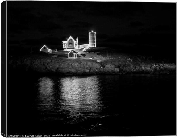 Christmas at the Nubble BW  Canvas Print by Steven Ralser