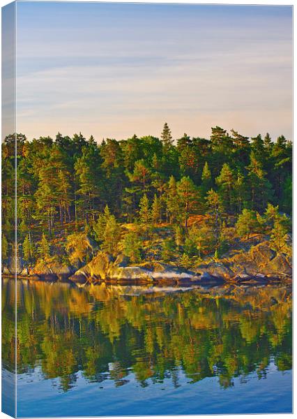 Wooded island at dawn Swedish coast Stockholm Arch Canvas Print by Marianne Campolongo