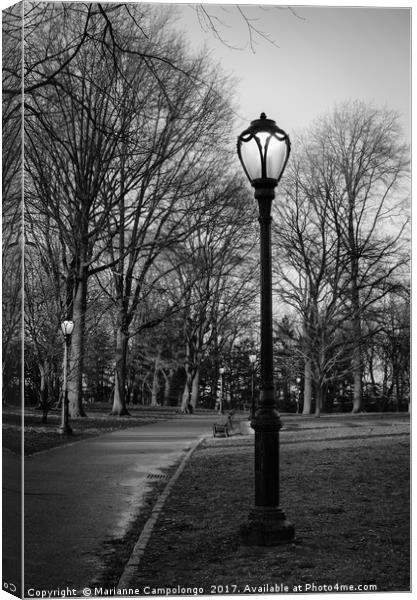 Central Park Streetlamps in black and white Canvas Print by Marianne Campolongo