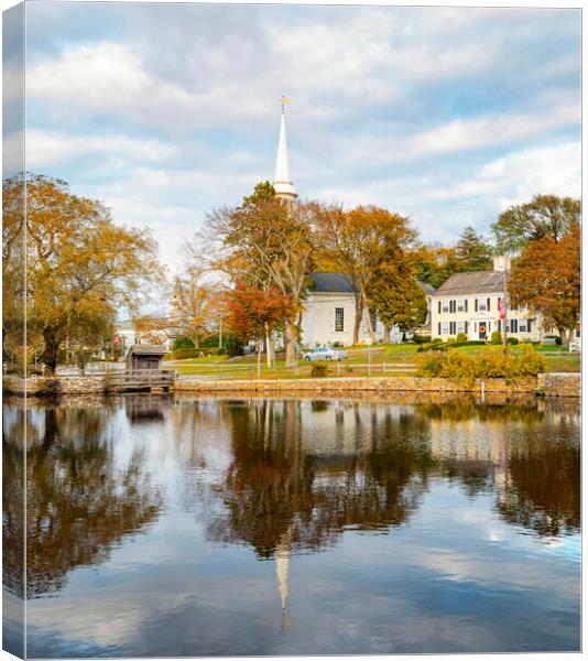 Church reflected in Pond Cape Cod Canvas Print by Marianne Campolongo