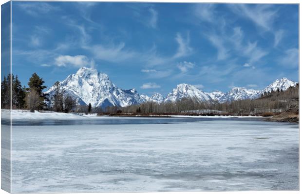 Grand Tetons and Snake River from Oxbow Bend Canvas Print by Belinda Greb