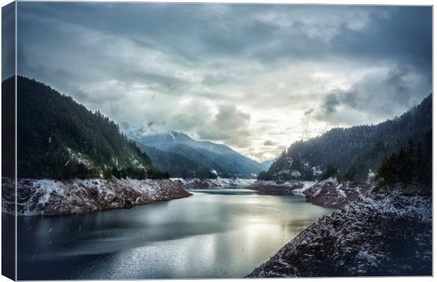 Cougar Reservoir on a Snowy Day Canvas Print by Belinda Greb