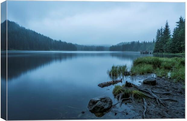Trillium Lake on a Foggy Morning Canvas Print by Belinda Greb