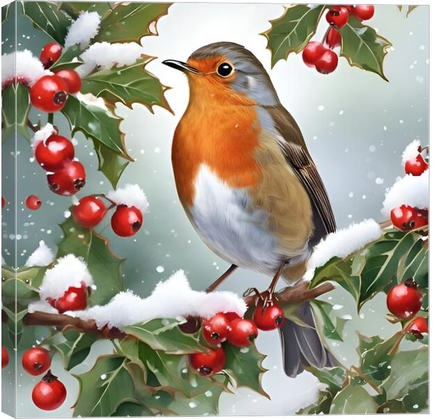 Robin on holly branch Canvas Print by Scott Anderson