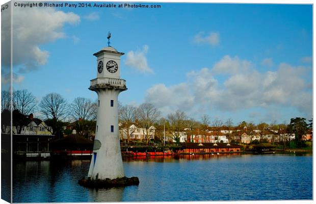 Roath Park Lighthouse and Boathouse Canvas Print by Richard Parry