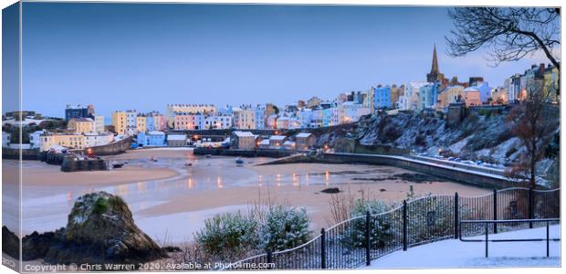 Snow in Tenby at twilight Canvas Print by Chris Warren