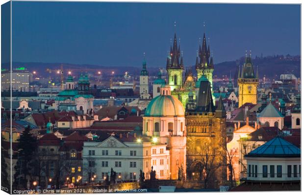 Overview of Prague Czech Republic at twilight Canvas Print by Chris Warren