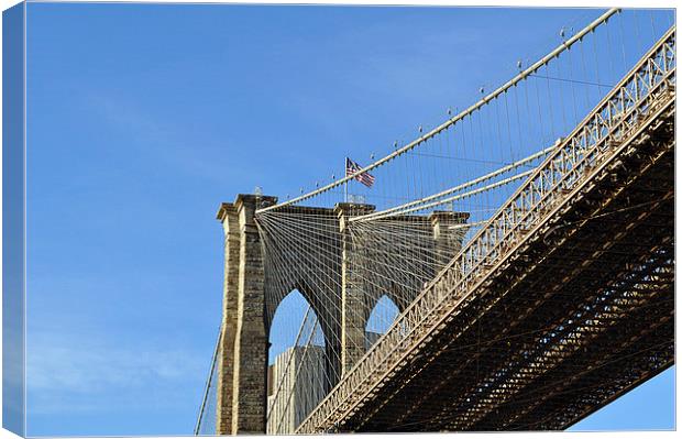 Brooklyn Bridge New York, shot from underneath Canvas Print by Maria Carter