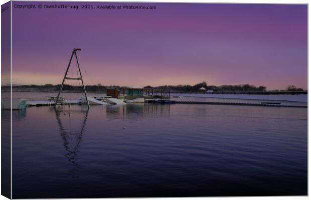 Snowy Chasewater Water-ski Club With A Purple Sunr Canvas Print by rawshutterbug 