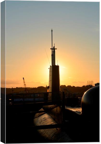  Setting sun behind HMS HMS Ocelot  Canvas Print by Mike Gwilliams