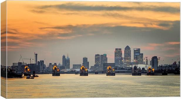  Sunset on River Thames with Canary Wharf and O2 Canvas Print by John Ly