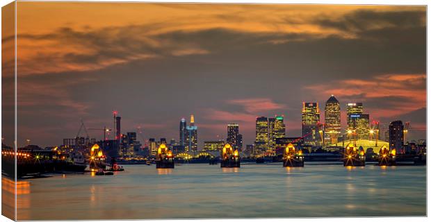 River Thames with Canary Wharf and O2 in the backg Canvas Print by John Ly