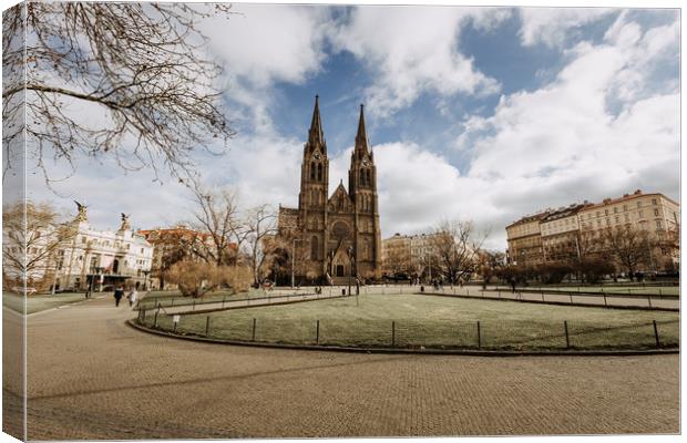 Peace Square, Church of Saint Ludmila in Prague Canvas Print by John Ly