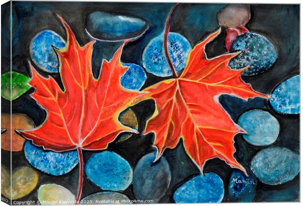 Fall Autumn Leaves on pebbles watercolor landscape Canvas Print by Manjiri Kanvinde