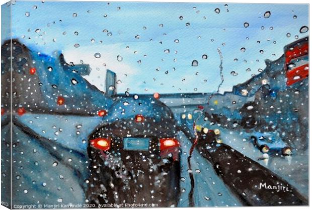 Long drive on Highway romantic rainy painting Canvas Print by Manjiri Kanvinde