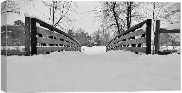 Snow covered bridge. Canvas Print by Jeffrey Evans