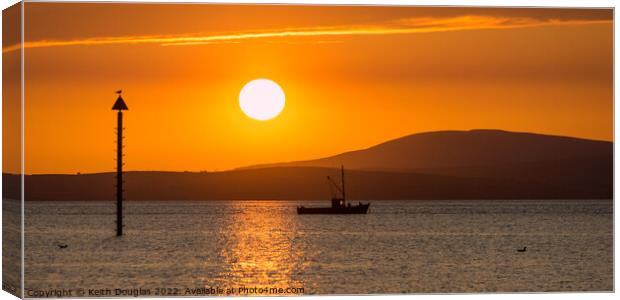 Morecambe Bay Sunset with fishing boat Canvas Print by Keith Douglas