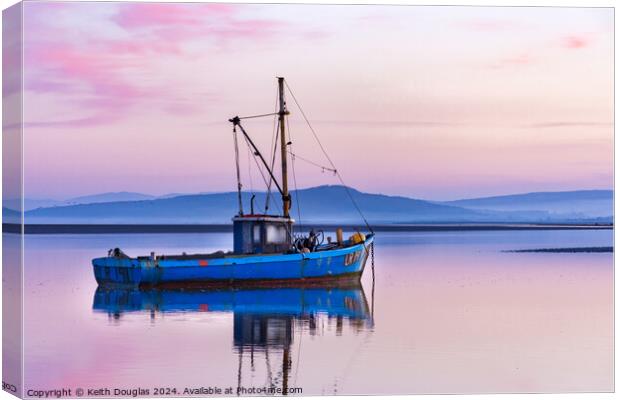 Blue boat, purple sky in Morecambe Bay Canvas Print by Keith Douglas
