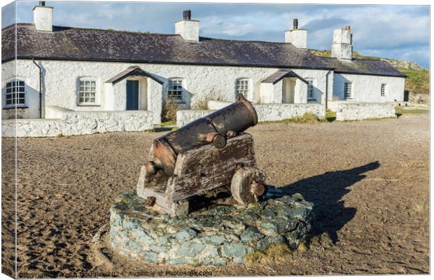 Cannon and the Pilots' Cottages, Llanddwyn Island, Canvas Print by Keith Douglas