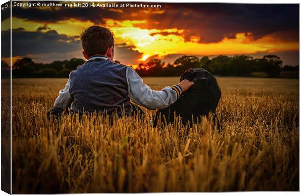  Boy and dog watching sunset Canvas Print by matthew  mallett